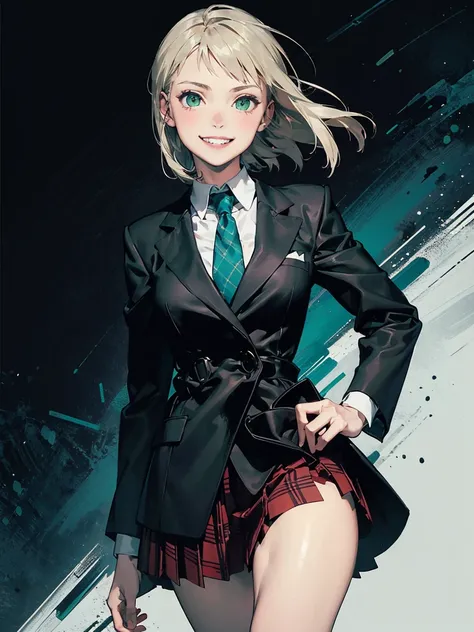 A realistic (young girl) with glossy (short hair), featuring (thick, heavy bangs) that fall straight across her forehead. Her (emerald green eyes) gleam coldly and sharply, reflecting a sense of (intelligence and strong will similar to Maka Albarn from Sou...