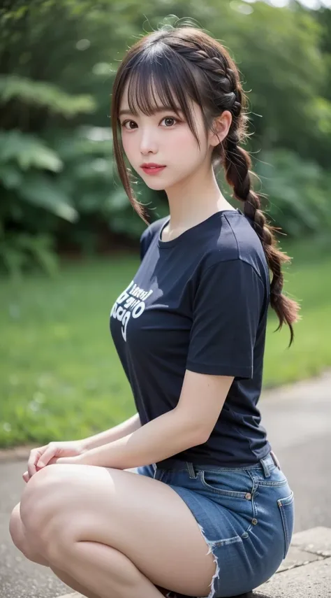 Beautiful girls, Very beautiful detailed face, Laugh shyly, Deep Valley), (彼女はLarge Breastsを持っている、Black T-shirt、Denim hot pants、、:1.3), (Large Breasts.), (Clothes that fit the body), Her hair is braided, (Beautiful Face:1.2), High image quality, Realistic,...