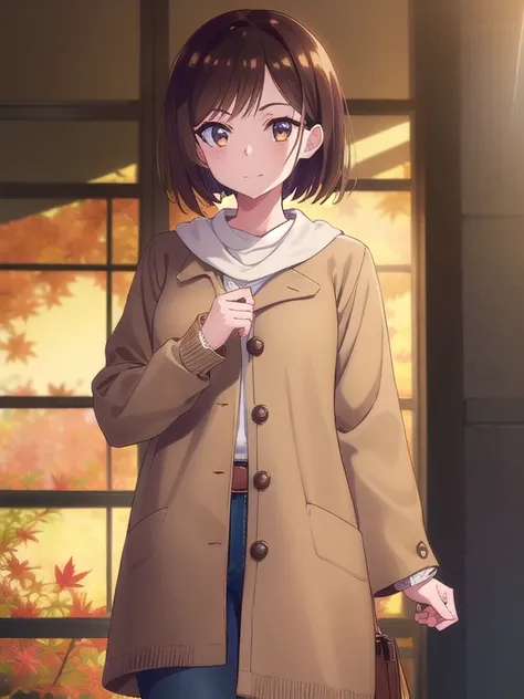 ((Autumn clothes)),mizuharachizuru, Chizuru Ichinose, solo woman,(Long Bob:1.5,Shaggy), bangs, Brown Hair, Brown eyes, smile,autumn leaves,Outdoor,looking at viewer, (Cowboy Shot:1.5),(masterpiece:1.2), Best Quality, High resolution, Unity 8K Wallpaper, (I...