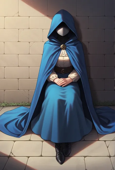 , 1girl, female, solo, long cape sleeves, sleeves covered hands, no hands, dress, cape covered body , cape, blue cloak, hood up, blue robe, mask covered face, hooded cloak, masterpiece, best quality, sidewalk , sitting, black heels boots