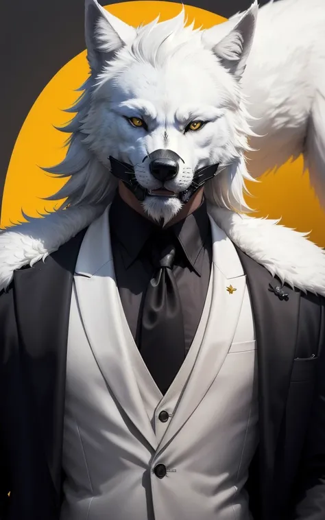 A image of a man with white wolf mask and wearing a black suit, yellow background