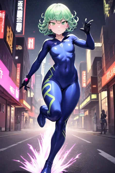 Masterpiece, best quality, ultra detailed, illustration, lighting epic, cinematic composition, 1 girl, Tatsumaki, short hair, green hair, very small breasts, green eyes, bright eyes, blushing, closed mouth, piercing gaze, full body, black collar, tall, sli...