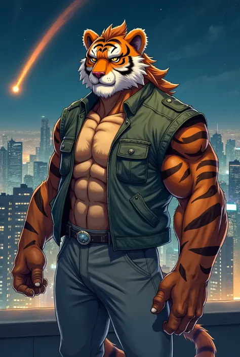 The only, Furry, Furry_male,male focus, Solitary, muscular male,  (((Tiger-bear hybrid))), (((Orange fur))), Brown hair, Amber eyes, beard, White eyebrows, (An orange-haired boy wearing a gray jacket and gray pants, a Tiger-bear hybrid, Standing on the roo...