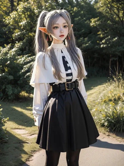 masterpiece, best quality, absurdres, 1girl, solo, FrierenBase, long hair, twintails, earrings, white capelet, striped shirt, horizontal stripes, long sleeves, belt, white skirt, gold-trim, black pantyhose, arms behind back, outdoors, forest, 