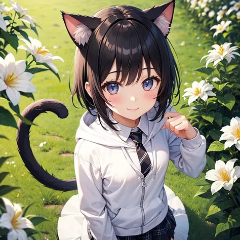 (Best Quality)、(One girl)、Cat ears、1 cat tail、Short black hair、smile、blush、(Small breasts)、White ribbon、White hoodie、Black regular tie、Lift up black plaid it、Looking up、From above、Blooming garden background