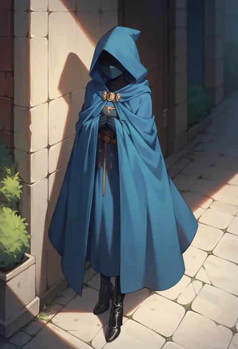 , 1girl, female, solo, long cape sleeves, sleeves covered hands, no hands, dress, cape covered body , cape, blue cloak, hood up, blue robe, mask covered face, hooded cloak, masterpiece, best quality, sidewalk, black heels boots