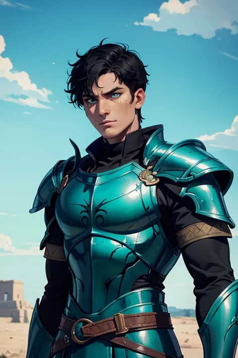 1 man, short hair, black hair, green eyes, Scar on the eye, strong, high, Black Roman armor with cyan accents, Short blue cover