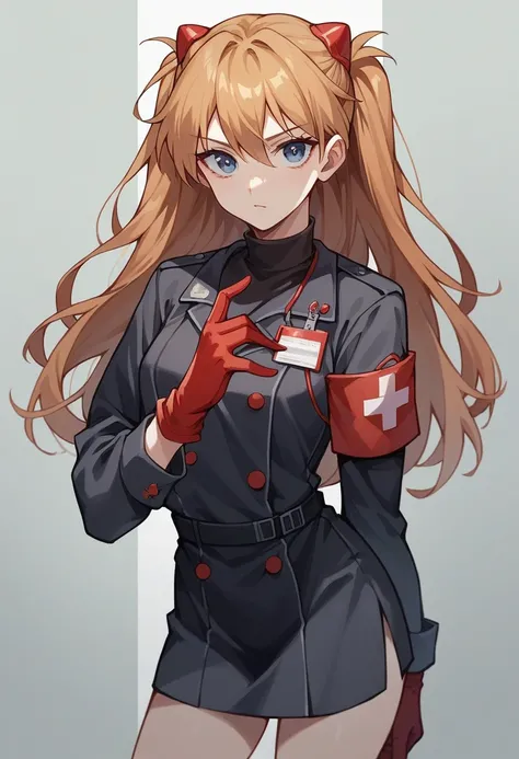 1 girl, souryuu asuka langley, ((red medical gloves)), ( black uniform of a paramedic), ((long sleeves)), looks at the viewer, standing, One

