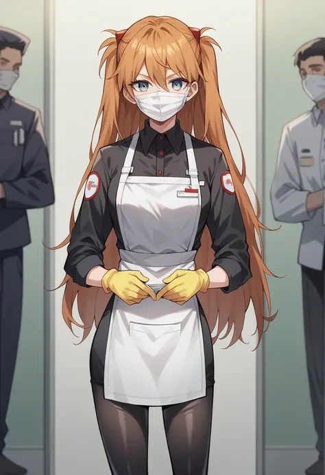 1 girl, souryuu asuka langley, ((yellow medical gloves)), (black paramedic uniform), ((long sleeves)), looks at the viewer, standing, One, black medical mask, rubber apron

