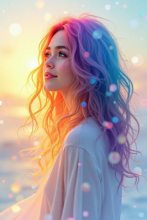 (masterpiece, high quality, Best quality, watercolor (medium), Official Art, Beautiful and aesthetic: 1.2), (1 girl: 1.3), (Fractal Art: 1.3), morning, Good morning, Smile, A sunny day, Cheerful, Looks like an audience, pattern, Waves, (Rainbow Hair, Color...