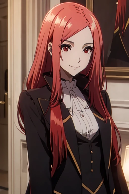 mary in an elegant leotard, tailcoat, red eyes, red hair, long hair, calm smile