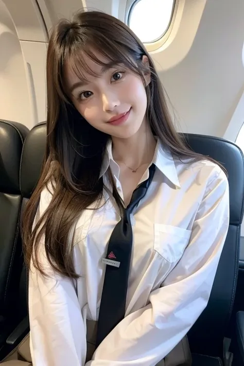 High resolution, Long Hair, chest, bangs, Brown Hair, Beautiful Face、
165cm、２４age、Japanese、smile、Beauty CA，
Cabin Attendant、uniform