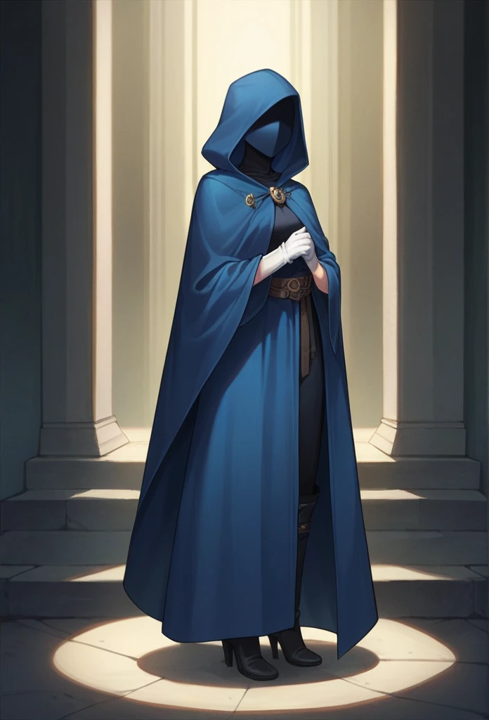 , 1girl, female, solo, dark blue cape, sleeves covered hands, no hands, cape covered body, long cape, blue cloak, hood up, blue robe, mask covered face, white gloves, hooded cloak, masterpiece, best quality, standing, room, black heels boots