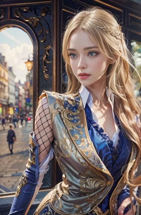 Highly detailed portrait of a beautiful young woman with striking blue eyes, Long blonde hair, Slim figure, He is wearing an antique tuxedo with bare shoulders.., Set in an urban environment, (Best Quality, 4K, 8k, High resolution, masterpiece:1.2), (Reali...