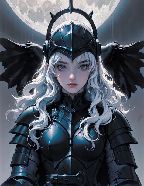 (best lighting) (best quality, masterpiece:1.2), (absurdres), 4k, (detailed eyes), (detailed face), a woman wearing obsidian medieval armour, long white hair flowing from under her helmet stands in front of a towering gothic castle, illuminated by a large ...