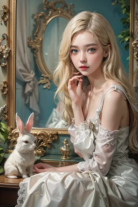 masterpiece: 1.2, Portraiture, Best Quality), Realistic, (live-action, Intricate details, Written Boundary Depth), Best Quality, masterpieceAttention to detail, semi-Realistic, In the city , blue eyes, blonde、 Slim figure、Shoulder Bare、Antique Bunny Girl、m...