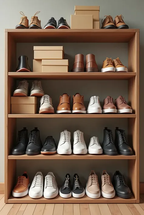 several pairs of shoes are placed on a wooden shelf, there are also several shoe boxes placed next to the shelf