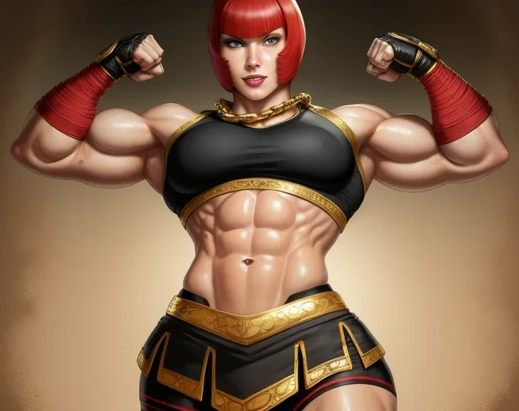 marisa,short red hair, blunt bangs, makeup, green eyes ,muscular, biceps, abs,  smile,  sweat,  smelly, blush,  upper body,  fis...