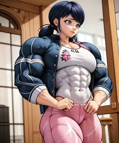 (big muscular female bodybuilder, beautiful detailed eyes, beautiful detailed lips:1.1,strong physique, two short pigtails, (smile), ( Marinette wears a white printed shirt ), black jacket, ((( dark pink jeans , plane jeans, without pattern))), and ballet ...