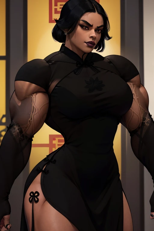 ((Close-up)), tall, (black hair) beautiful muscular woman, long straight hair, brown skinned, closed smile, large breast, (black lipstick), (massive muscles), (hyper muscle), ((ginormous bulky muscles)), orange eyes, (((((black long sleeve cheongsam dress)...