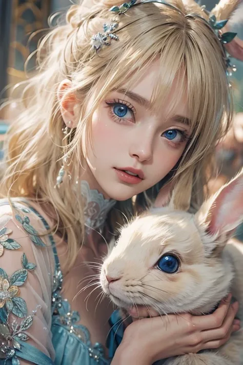 masterpiece: 1.2, Portraiture, Best Quality), Realistic, (live-action, Intricate details, Written Boundary Depth), Best Quality, masterpieceAttention to detail, semi-Realistic, In the city , blue eyes, blonde、 Slim figure、Shoulder Bare、Antique Bunny Girl、m...