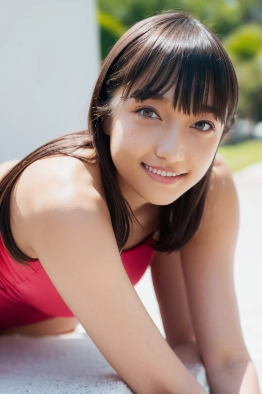 one１２year old girl, beautiful girl wearing a pink one-piece swimsuit,  perfect body, all white background,  detailed faces, beau...