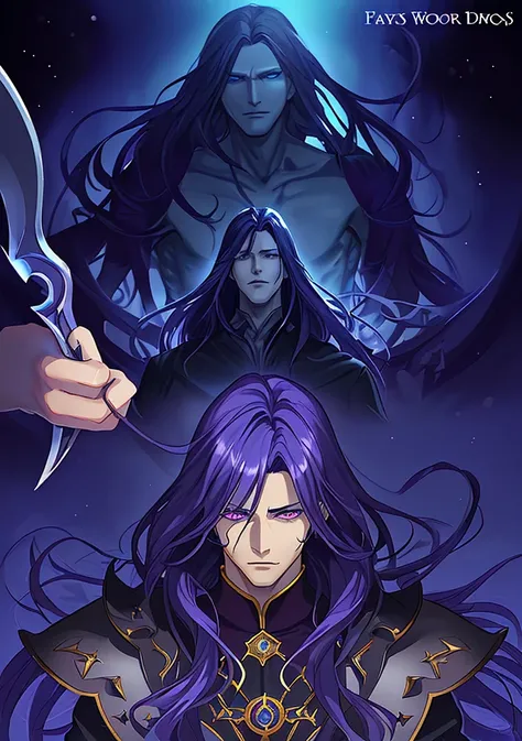 "Make an anime version of a man using dark purple magic, show him as handsome, . Not long hair With art style romance fantasy anime, Realistic anatomy, in detail, Blurred, romantic scene. A simple girl from the royal village met a guy. Fantasy movie poster...