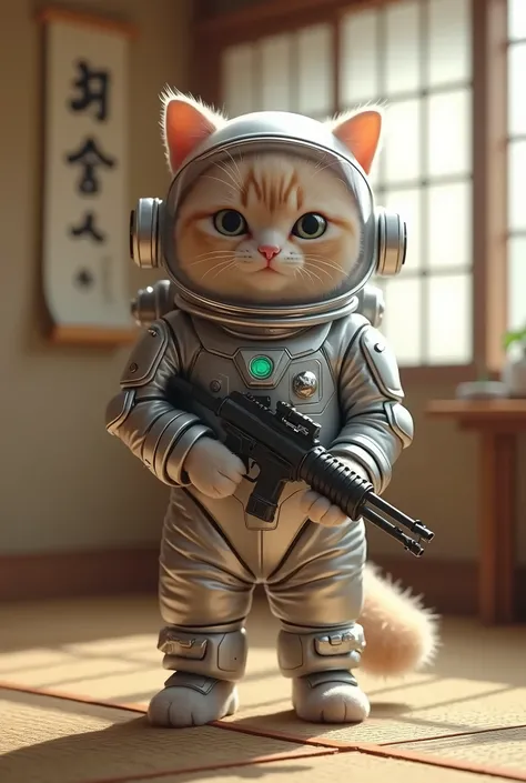 A cat wearing a space suit in a Japanese-style room holding a machine gun looks cute