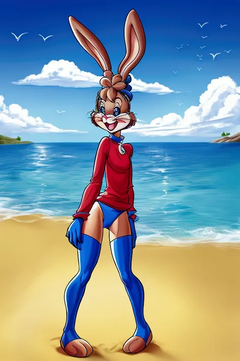 Full length cartoon rabbit slim dressed only in blue lycra panties on the beach with a happy face