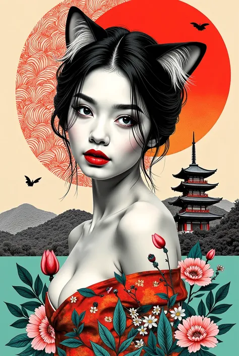 illustrated by Guo Chao style, poster design, in the style of psychedelic color schemes, hyper-detailed illustrations, 16k, a painting of a pagoda in the evening, in the style of graphic design-inspired illustrations, circular shapes detailed botanical ill...