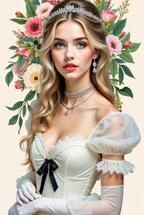 shoujo-style, floral background, romance manhwa, 1girl, blonde hair, solo, long hair, flower, dress, tiara, white dress, gloves, long sleeves, choker, green eyes, mascara, makeup, white gloves, black bow, black flower, wavy hair, bow, jewelry, looking at v...