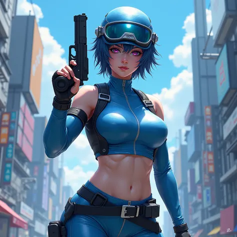 Highly detailed female characters in a team-based action-shooting video game、post: attacker、Beautiful and well-defined muscular body、Broad shoulders、Thick chest、Developed upper arm muscles、Toned Abs、Developed thigh muscles、Beautifully detailed face、Very sh...