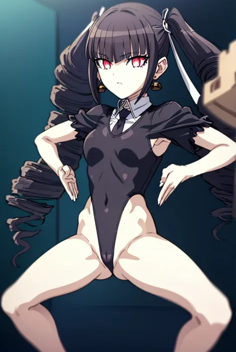 celestialudenberg, , Long Hair, bangs, Black Hair, (Red eyes:1.3), Twin tails, Drill Hair, Twin Drill,
break skirt,  Black Hair, Earrings,  tie,( (High leg swimsuit，Shiny，))Shrug，Spread your legs wide，Showing off your crotch，Sensitive，Viewer discretion adv...