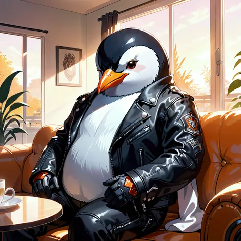 Closeup, Anime-style illustration, an extremely badass anthropomorphic penguin wearing an insanely cool black leather Harley Davidson biker jacket open, black leather biker gloves, black leather biker pants, serene living room, sunlight-dappled, cozy ambia...