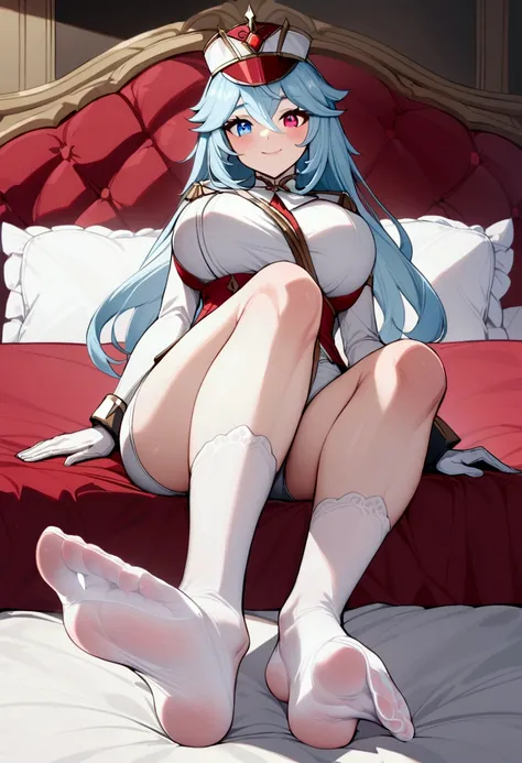 purina_genshin, heterochromia, (huge breasts), slim body, thin waist, long hair, blue and white outfit, purina costume, hat, whi...