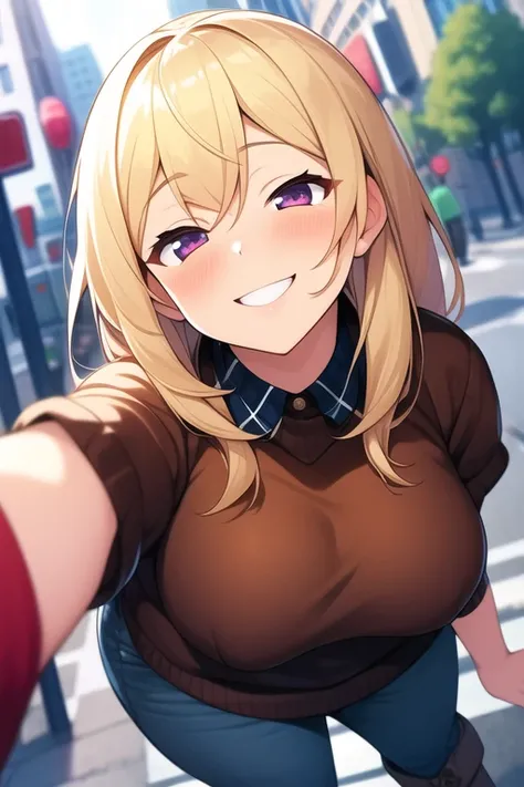 best quality, ultra-detailed, extremely detailed C, anime, 1 girl, solo, solo focus, blonde hair, blush, milf, plump, lovery, spring, morning, POV, dutch angle, smile, happy, laugh, light smile, half closed eyes , standing, In the city, boots, blurry backg...