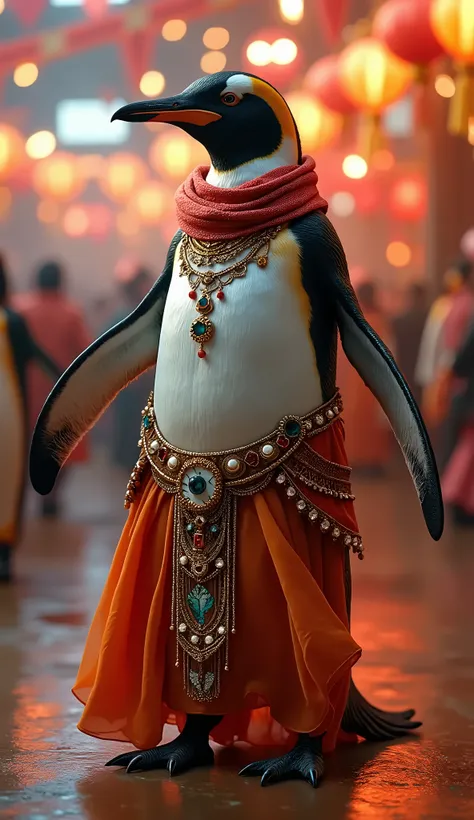 “An ultra-realistic image of a penguin wearing a modern Egyptian belly dance outfit, featuring a colorful scarf, flowing skirt, and detailed accessories. The penguin stands in a lively, festive setting with vibrant lights and joyful decorations. The lighti...