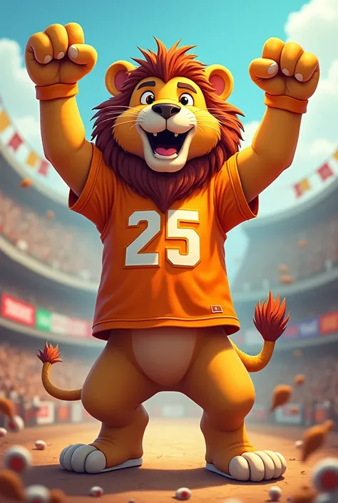 A brave lion wearing an orange shirt with the number 25 celebrating victory cartoon