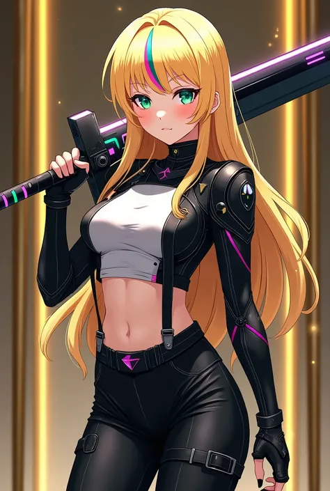 female anime character, that she with a blonde hair, long side bangs, with  lots of red stripes on hair bangs, multcolored bangs, long ponytail, face and green eyes, cute, lovely, idol, make up,  gold forniture, suspenders, long leather boots, wearing medi...