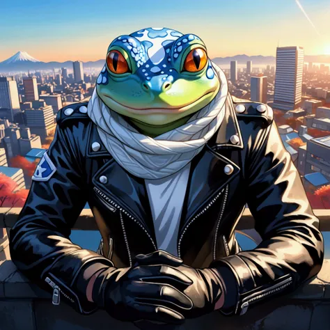 Japanese manga anime style, an extremely badass light blue and white bullfrog wearing an insanely cool black leather biker jacket open, black leather biker gloves, warm scarf, dramatic shadows enhancing facial features, perfect anatomy, magical enchanted f...