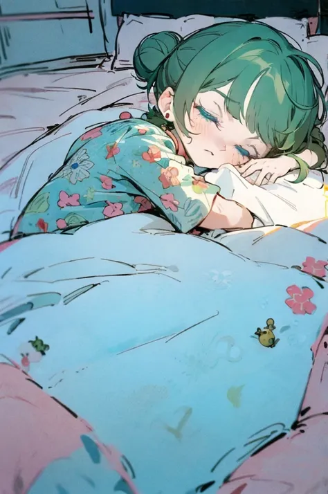 ((Best Quality)), ((masterpiece)), (detailed), A girl with a cold is sleeping in bed with the futon on,Low angle,（Chibi：1.7)Green Hair,Short bob with buns on both sides,Choker with bells,blue eyes,Aoi pattern,Fever and painful expression,pajamas