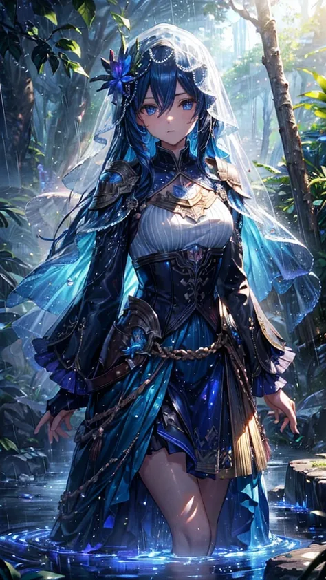 (Messenger of Rain:1.3, Blue Robe:1.2, Smooth material:1.1, Iridescent:1.0) break (Transparent Veil:1.2, Sparkling like raindrops:1.1, Grains of Light:1.0, Beautifully designed water pot:1.0) break (Mysterious Forest:1.2, Fantastic landscape:1.1, Fine wate...