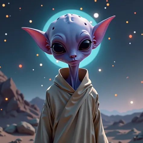 a detailed adult alien with an oval head, violet skin, thin body that shows bones, wearing a beige monks tunic, large black eyes, small nose and mouth, thoughtful expression, starry sky with planets in the background, pointed ears