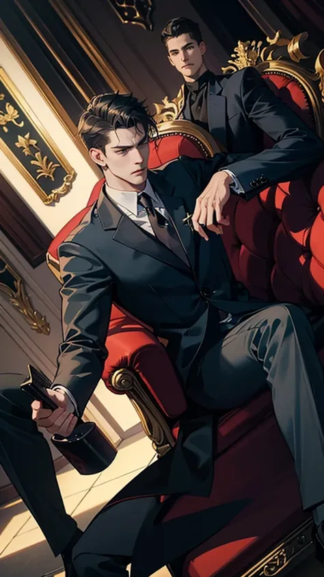 a tall angry masculine man in a suit, sitting in a chair, bulge in trousers, low angle shot, cinematic dramatic lighting, photorealistic, 8k, high detail, chiaroscuro lighting