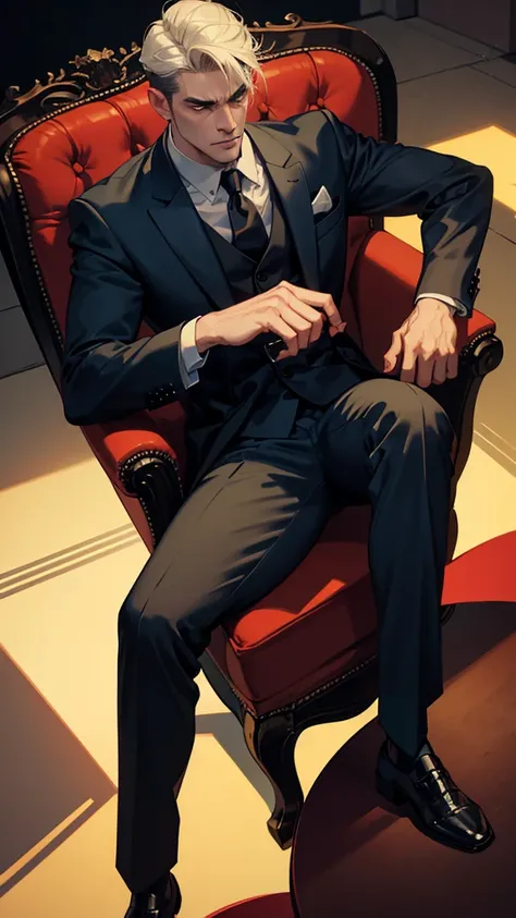 a tall angry masculine man in a suit, sitting in a chair, bulge in trousers, low angle shot, cinematic dramatic lighting, photorealistic, 8k, high detail, chiaroscuro lighting