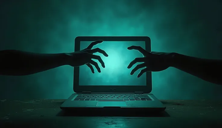 A tiktok profile picture that says about scary story videos that people have been watching, Old Laptop, 2 Arms  from the screen doing a pulling motion into the Screen , Scary, Teal