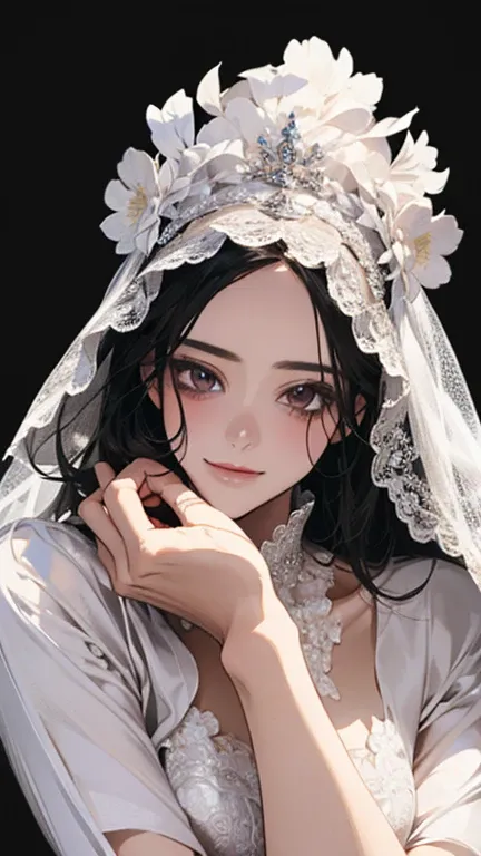 wedding，Bride in white wedding dress holding flowers，Smile，Perfect face，Black Hair，Perfect face，Full body portrait