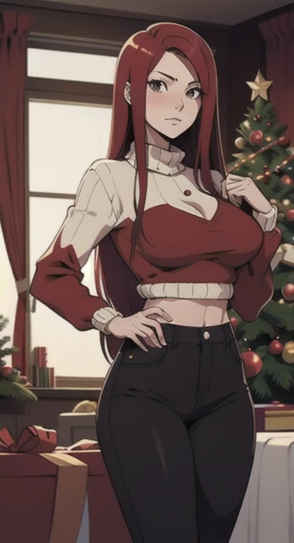 1girll, playgame, Erza Scarlet, long hair, Large display, Christmas sweater and pants, Christmas day, SFW, muted colors,