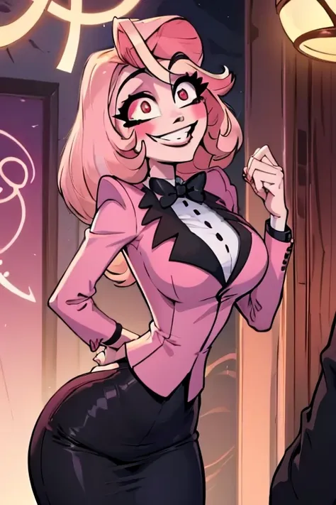 perfect face. perfect hand. a pink haired woman with violet eyes and an hourglass figure, dressed in a suit, smiles in a gothic ...