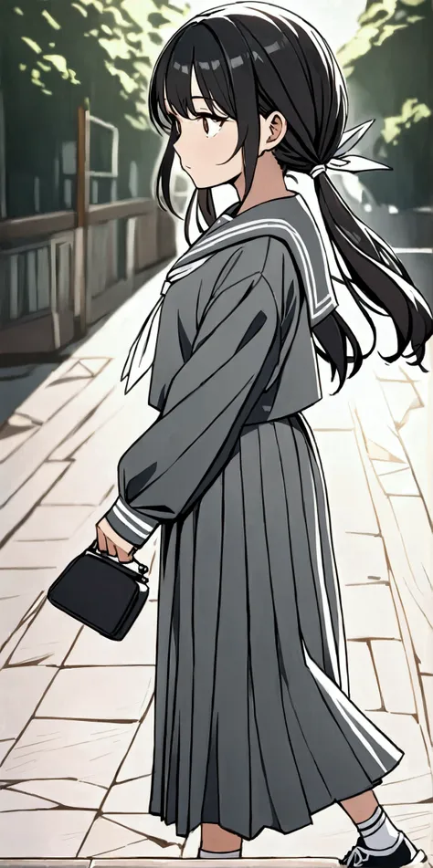 High resolution, 8k, best quality, masterpiece, ultra detailed, anatomically correct, masterpice anime, hentai, 
1girl, walking, 15yo, short stature, curiosity face,
(black hair, white ribbons long (low:1.3) tiwntails, dark brown eye:1.2), Hair on the back...